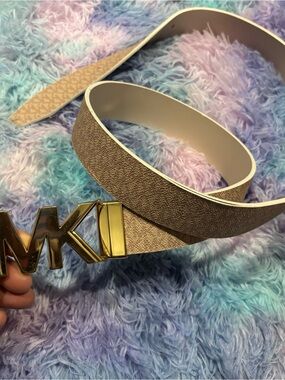 Michael Kors Beige and Gold MK Logo Belt